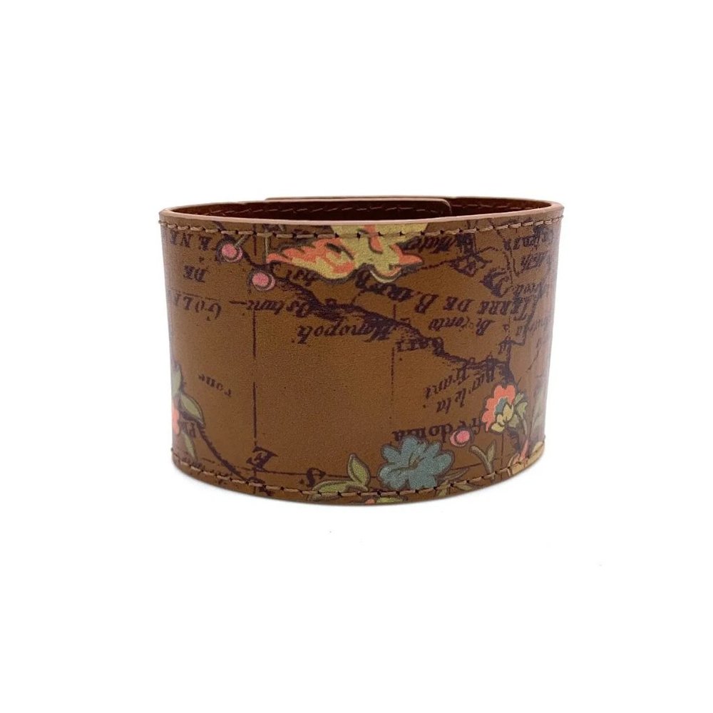 Patricia Nash Luigia Triple Turn-Lock Leather Cuff Bracelet. 9" Floral Map